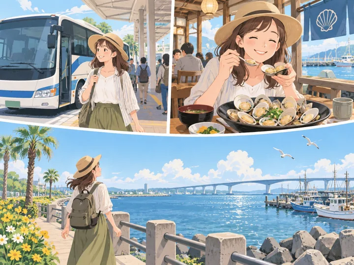バス移動・あさり料理・港の散歩を楽しむ旅人のイメージ図