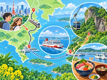 電車・船・山・食事をつなぐ旅の概念イメージ図