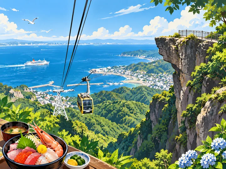 海・ロープウェー・岩場・食事を組み合わせたイメージ図