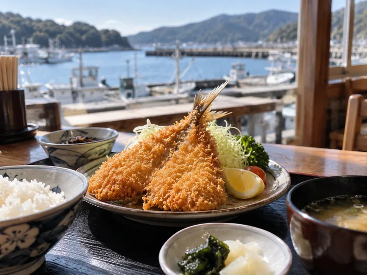 アジフライとご飯・汁物の写真風のイメージ図