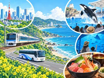 鉄道・バス・水族館・食事を組み合わせた鴨川旅行のイメージ図
