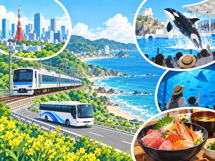 鉄道・バス・水族館・食事を組み合わせた鴨川旅行のイメージ図