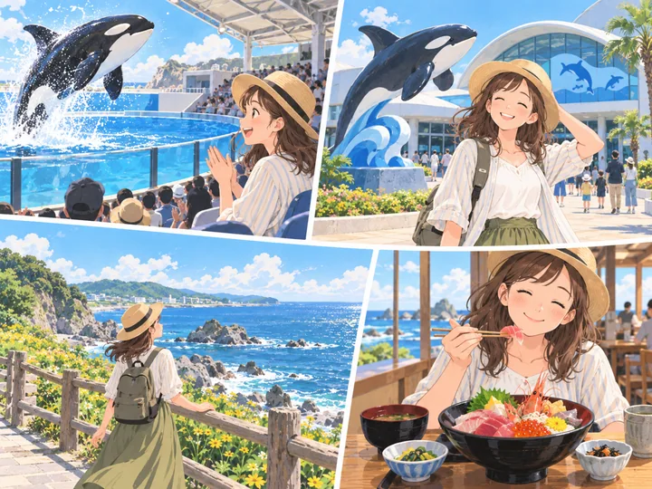 水族館と海辺の散歩・食事を楽しむ旅人のイメージ図
