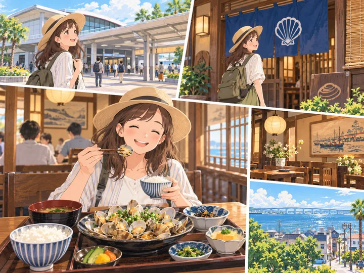 街歩きからあさり料理へ向かう旅人のイメージ図