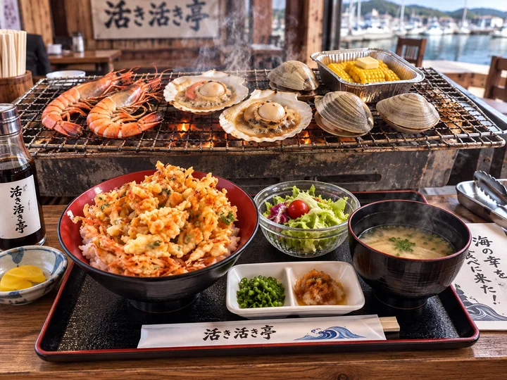 海鮮焼きと丼・汁物を並べた食事の写真風のイメージ図