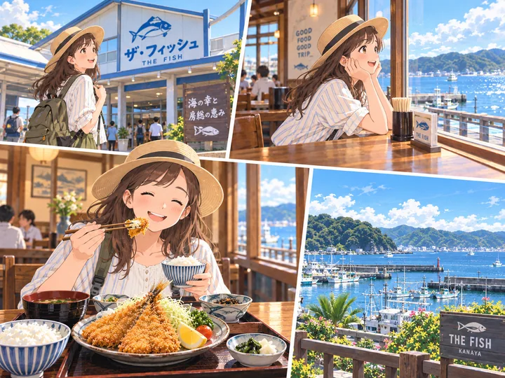 海を眺めながらアジフライを楽しむ旅人のイメージ図