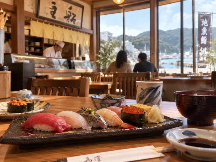 寿司の食卓と職人・窓辺の写真風のイメージ図