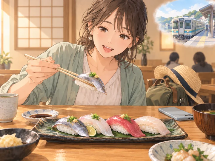 旅の帰りに寿司を楽しむ旅人と、列車のモチーフを描いたイメージ図