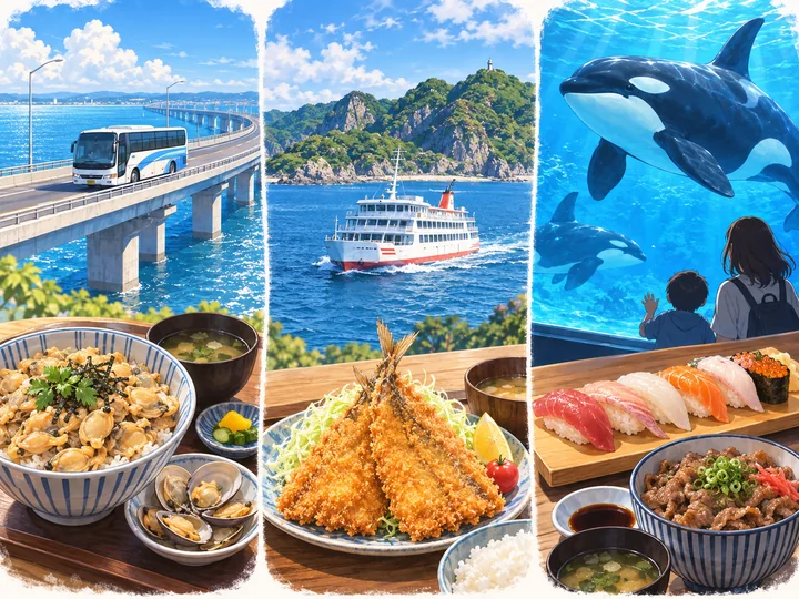 バスとあさり料理、船とアジフライ、水族館と食事の三つの旅を並べたイメージ図