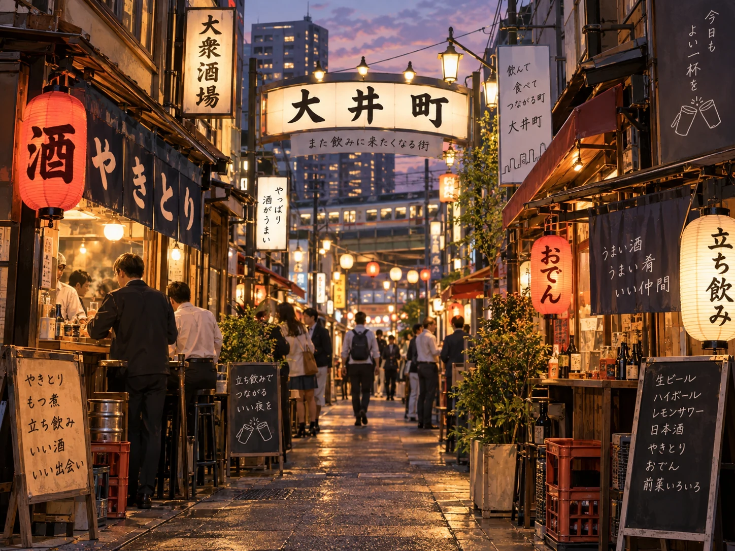 提灯の明かりと通行人が見える夕暮れの飲食店街のイメージ図