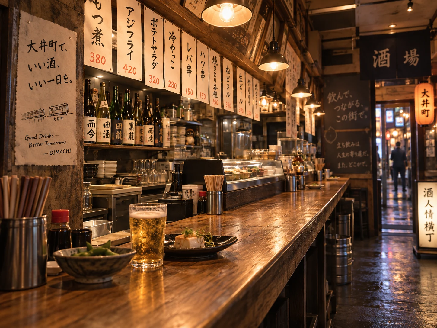 小皿と飲み物を置いた木の立ち飲みカウンターのイメージ図