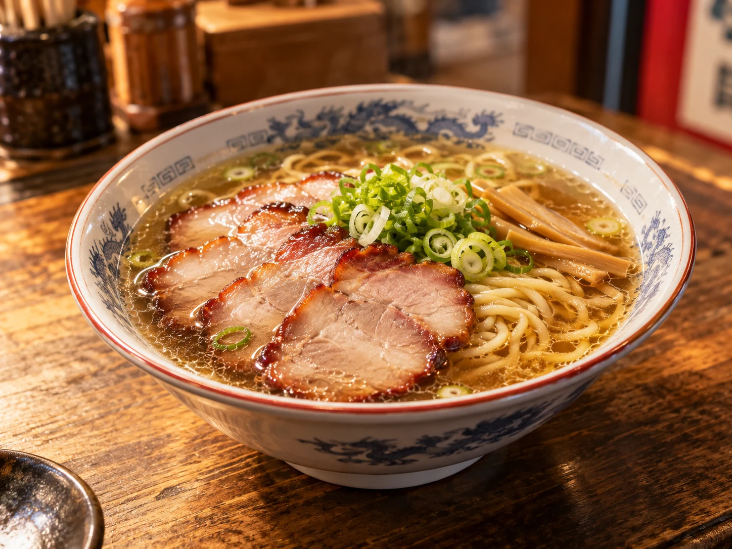 チャーシュー、ねぎ、メンマを載せたラーメンのイメージ図