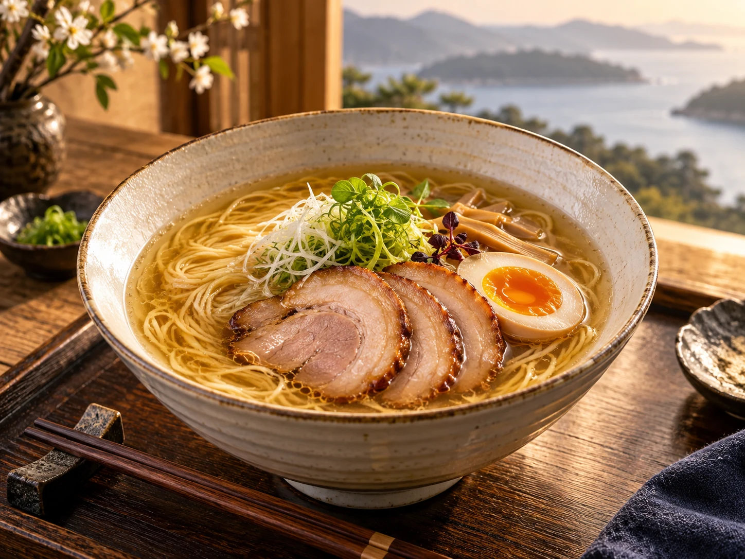 澄んだスープにチャーシューと半熟卵を載せた中華そばのイメージ図