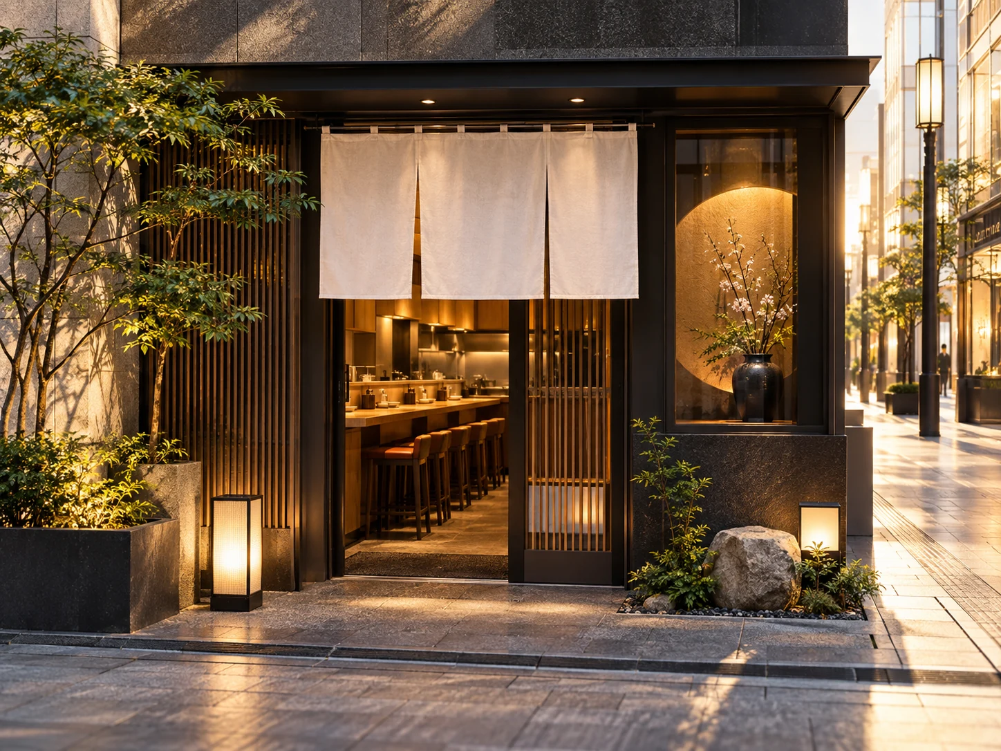 白い暖簾と格子戸がある現代的な麺料理店外観のイメージ図
