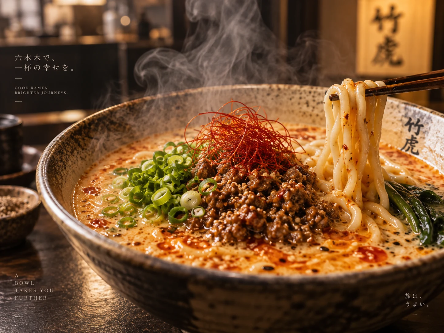胡麻色のスープに肉味噌と青ねぎを載せた担々麺のイメージ図