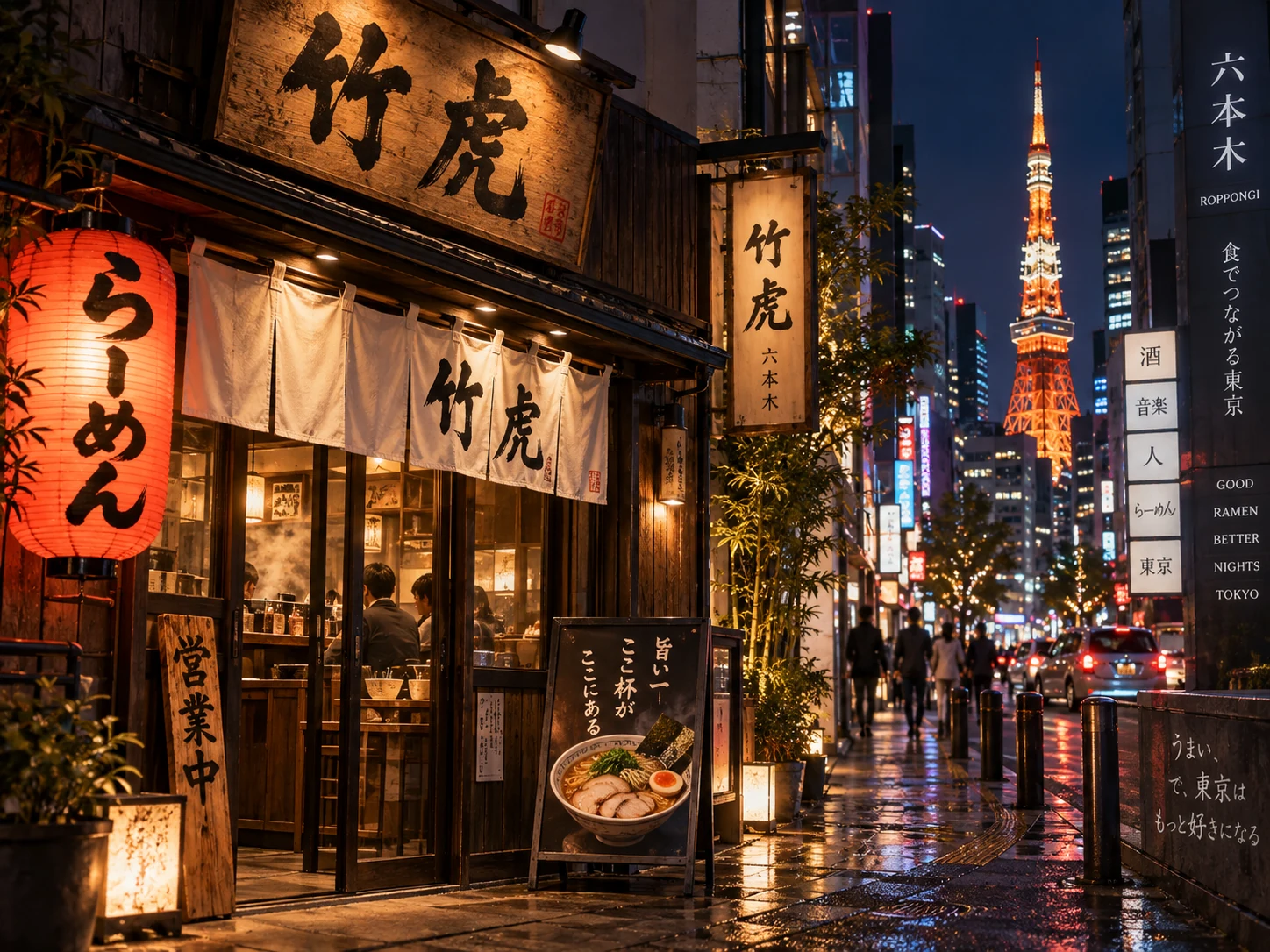 提灯がともるラーメン店と夜の街並みを描いたイメージ図