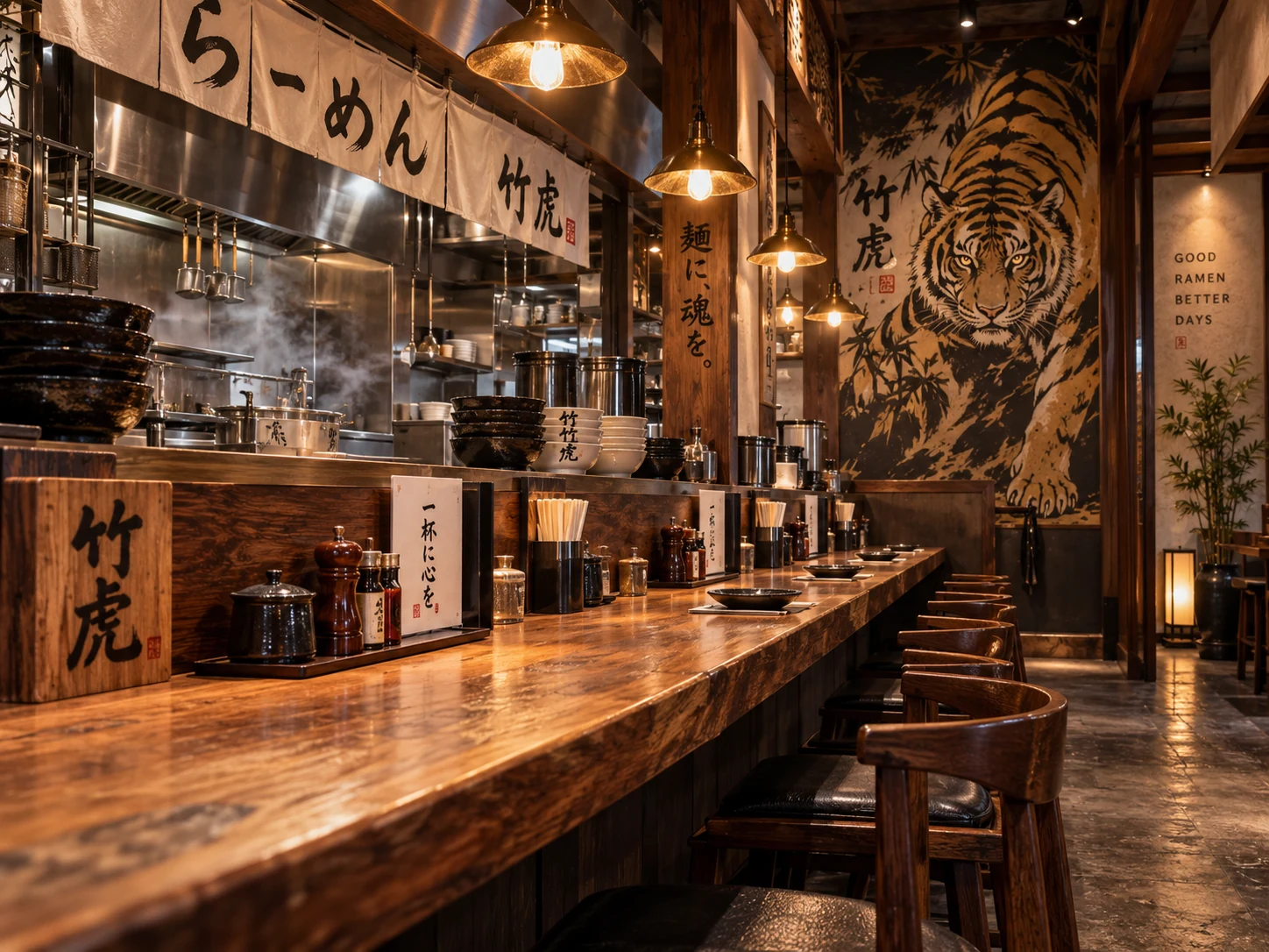 虎の壁画と木のカウンターがあるラーメン店のイメージ図