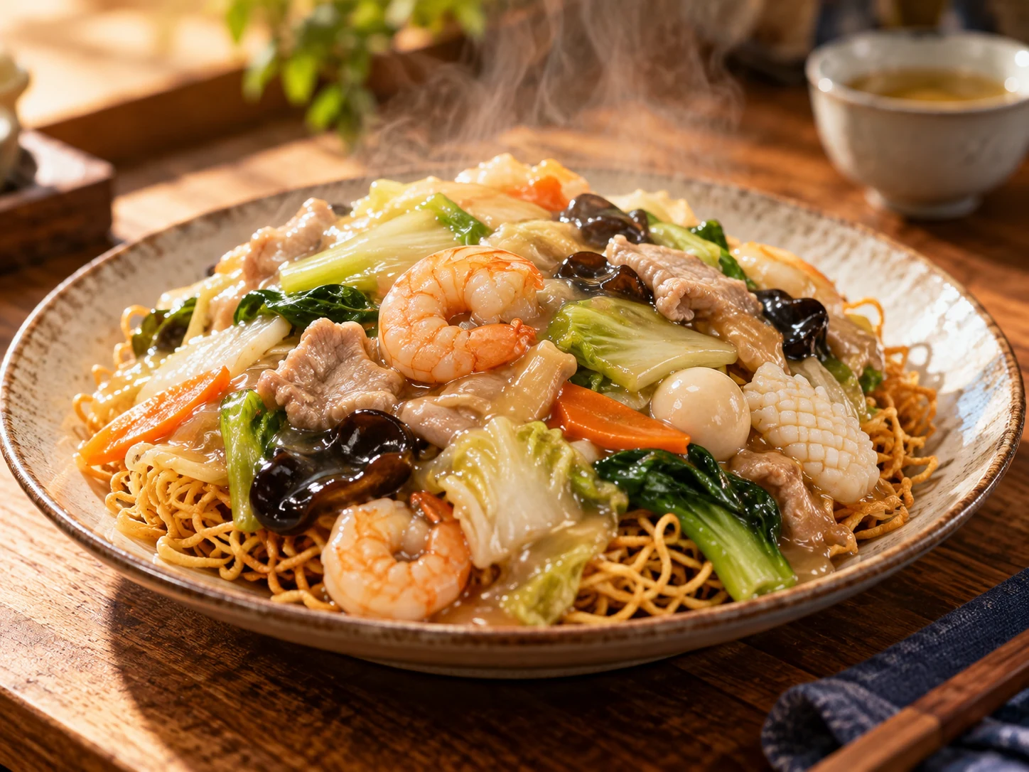 海老、いか、白菜などのあんを麺にかけた料理のイメージ図