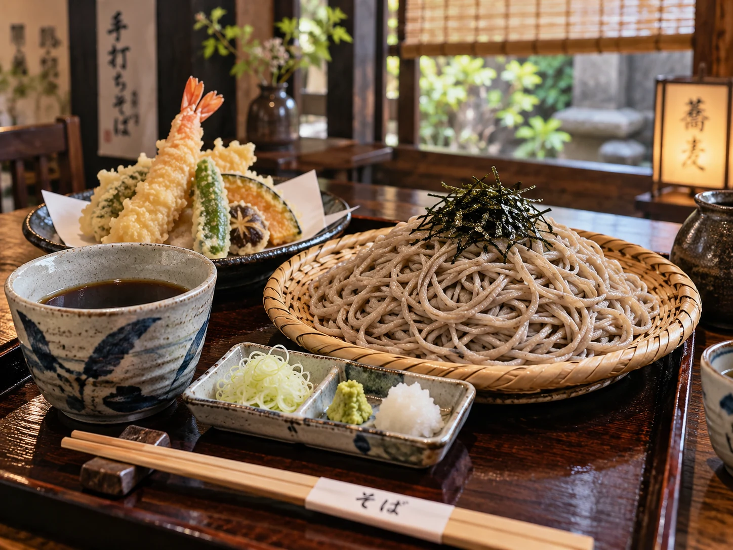ざるそば、天ぷら、薬味を木の食卓に並べたイメージ図