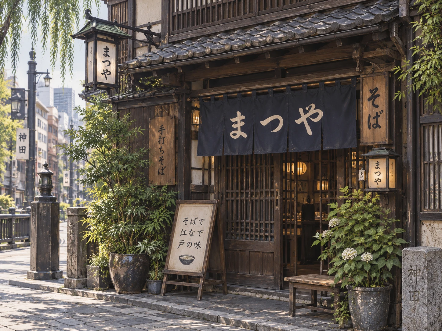 紺色の暖簾と木格子があるそば店外観のイメージ図