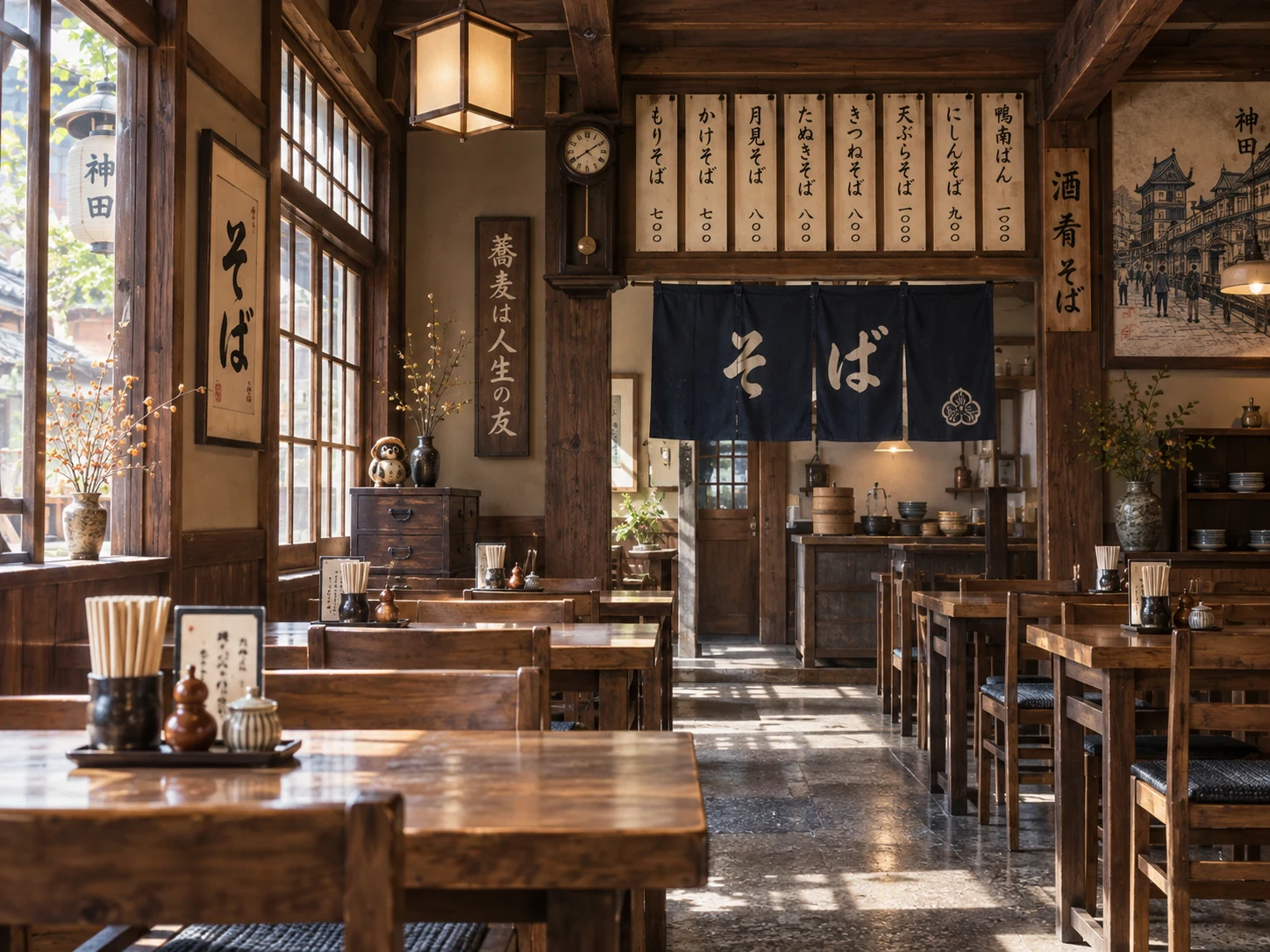 木のテーブルと椅子に日が差すそば店内のイメージ図