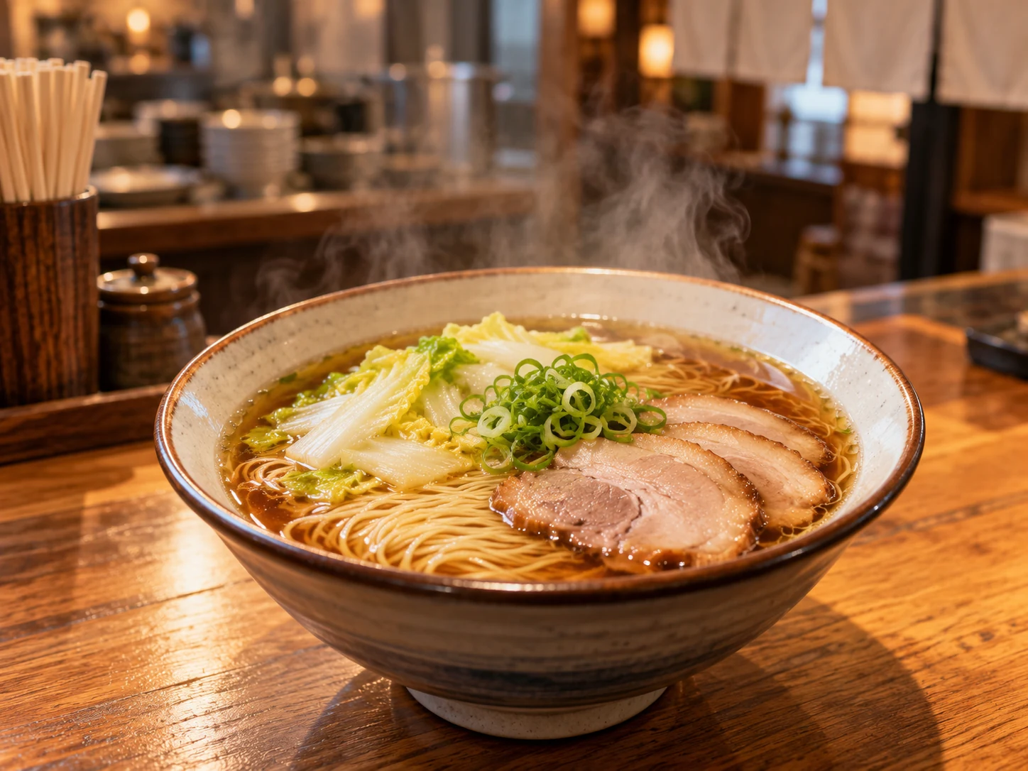 白菜とチャーシューを載せた湯気の立つラーメンのイメージ図