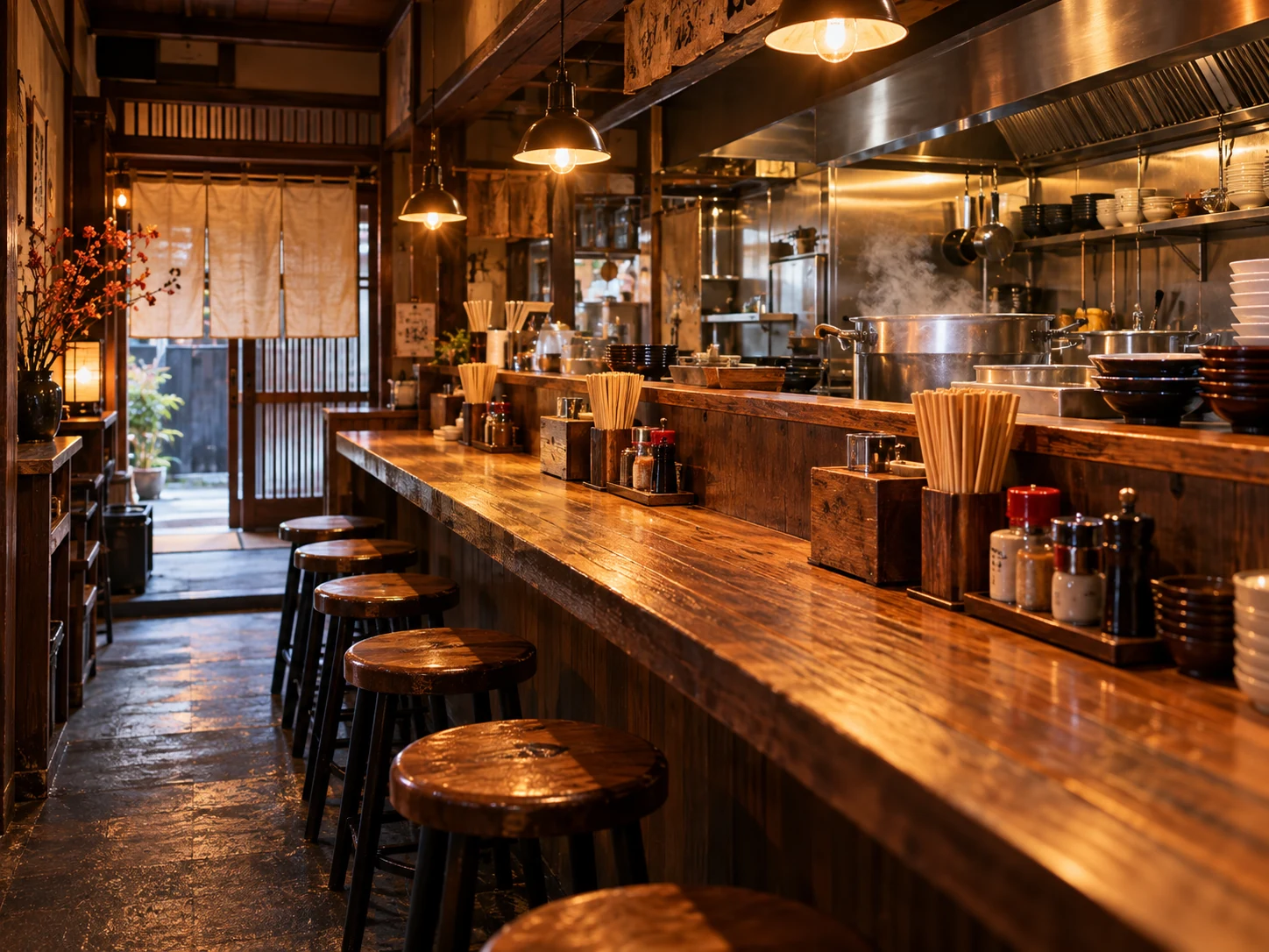 木のカウンターと湯気の立つ厨房があるラーメン店内のイメージ図