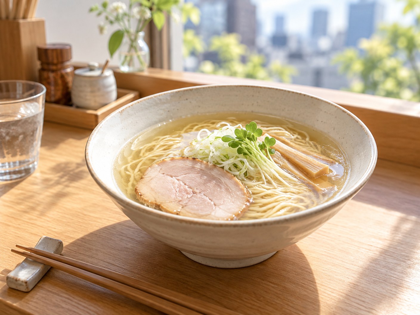 明るい窓辺に置かれた、透明感のある淡い色のラーメンのAI生成イメージ