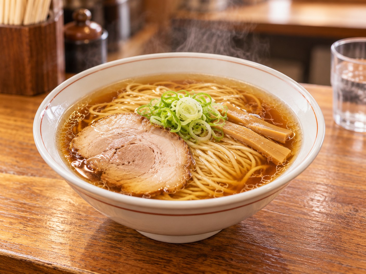 澄んだ琥珀色のスープに麺、チャーシュー、ねぎ、メンマを合わせたラーメンのAI生成イメージ