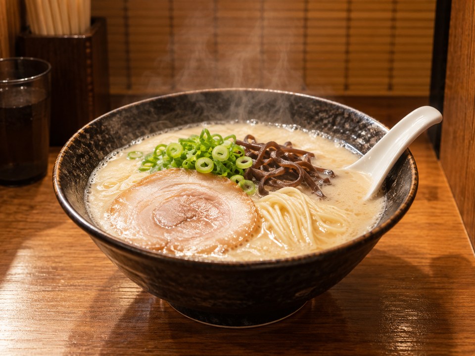 白濁したスープに細麺、チャーシュー、ねぎ、きくらげを合わせた豚骨ラーメンのAI生成イメージ