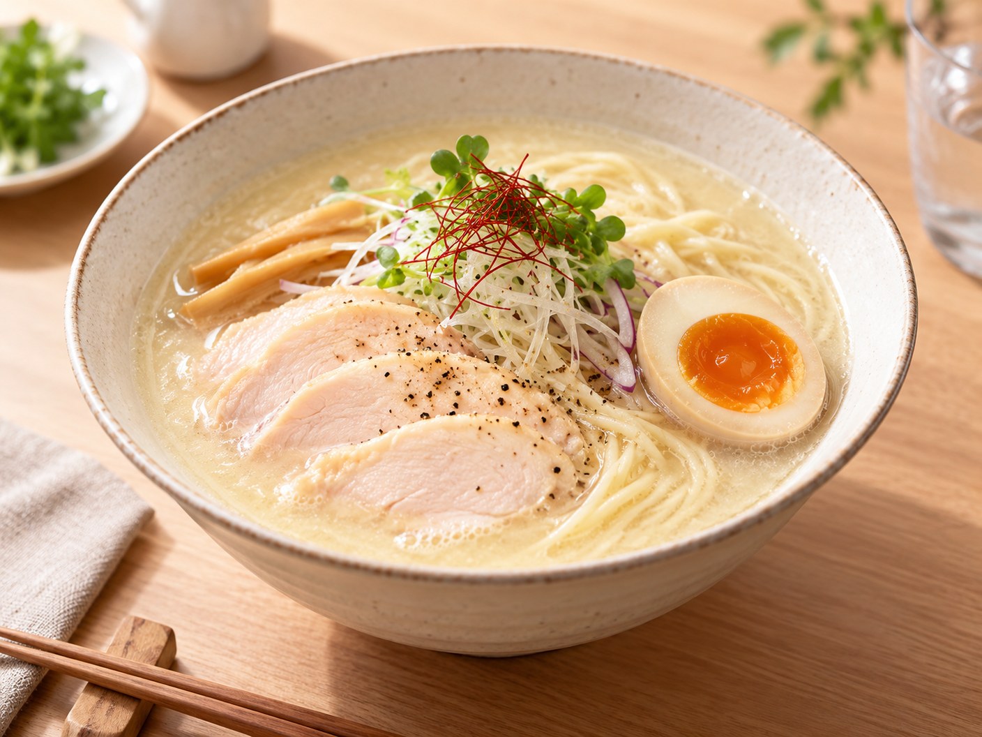 淡い白濁スープに鶏肉、半熟卵、ねぎを盛り付けた鶏白湯ラーメンのAI生成イメージ