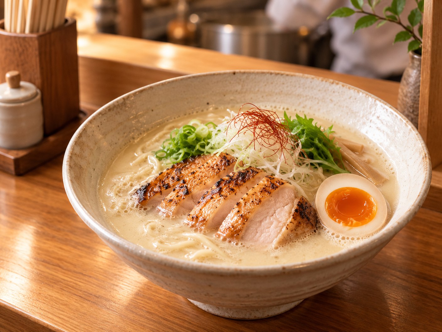 白濁スープに焼き目を付けた鶏肉、半熟卵、ねぎを添えたラーメンのAI生成イメージ