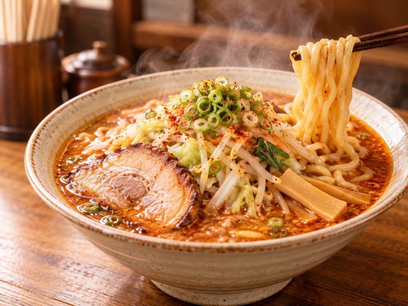 赤みのあるスープの味噌ラーメンから、箸で太めの麺を持ち上げたAI生成イメージ