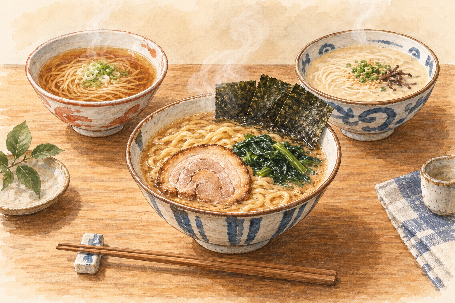 澄んだスープ、白濁スープ、家系ラーメンを描いた水彩風のイラスト