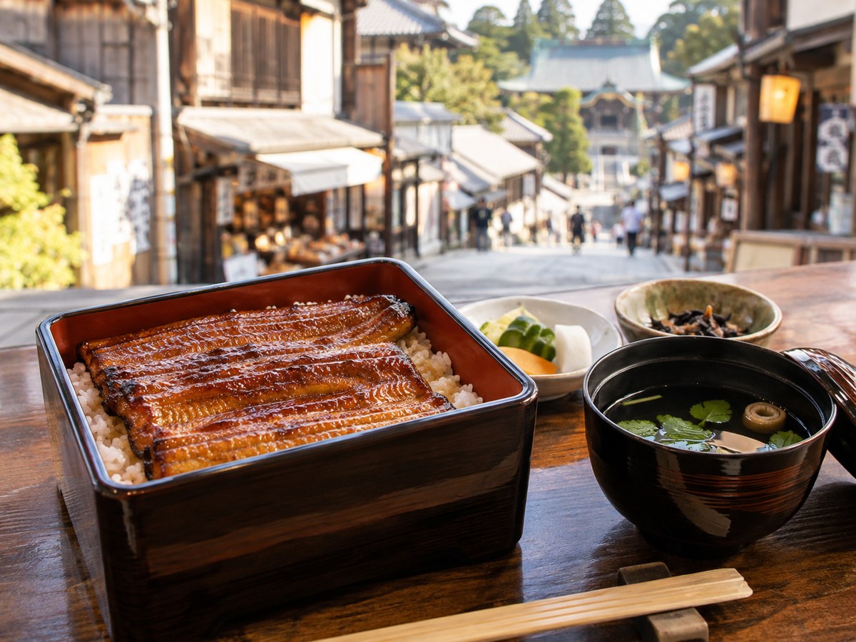 門前町風の街並みとうな重の料理イメージ