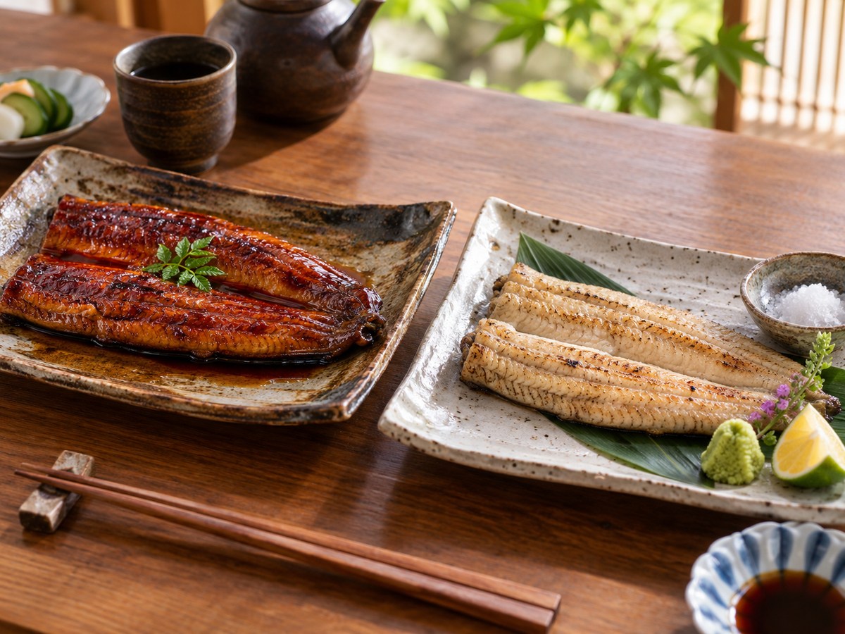 蒲焼と白焼をそれぞれ皿に盛り付けた料理イメージ