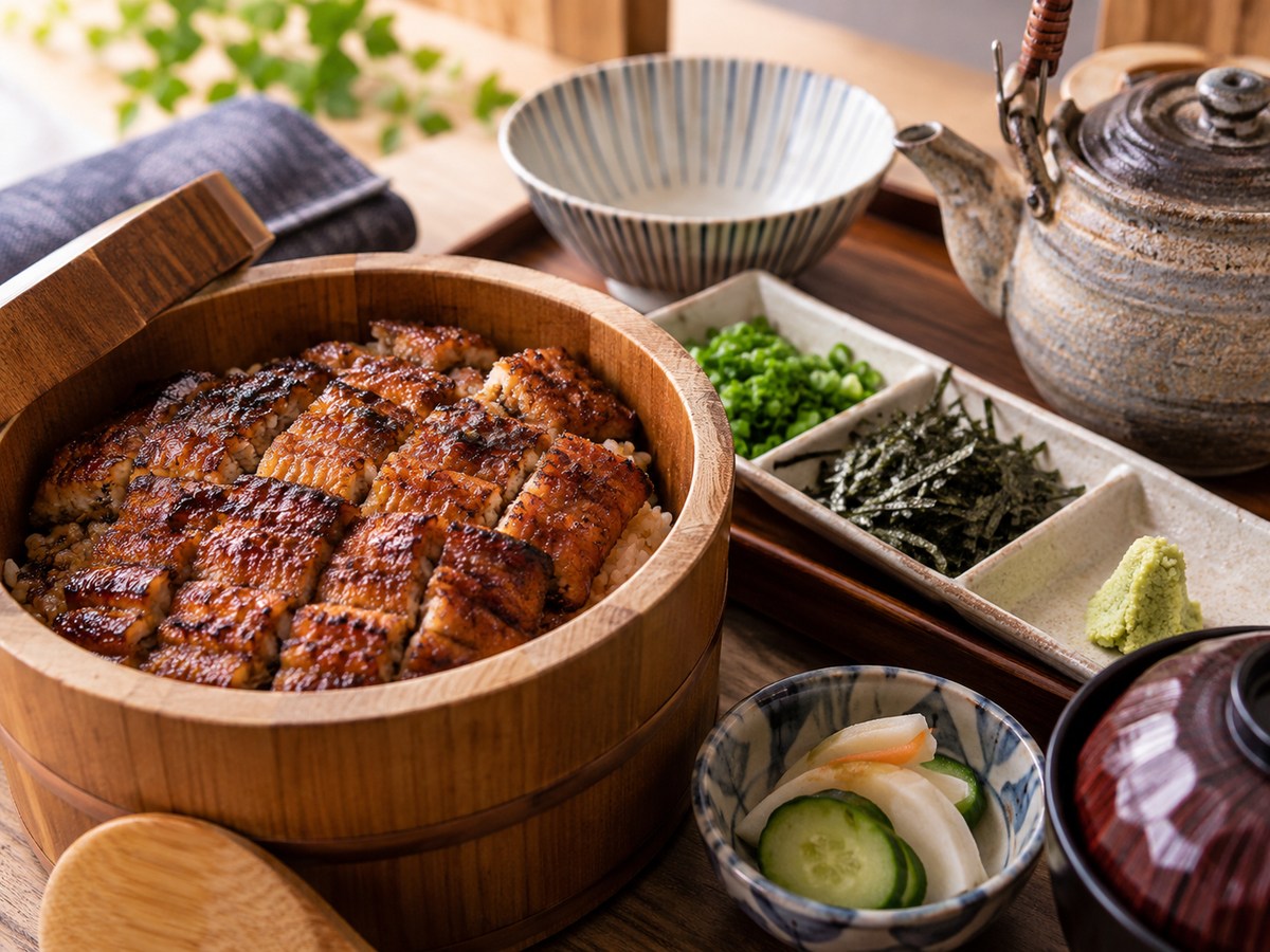 細かく切ったうなぎのご飯、薬味、だしの器を並べた料理イメージ