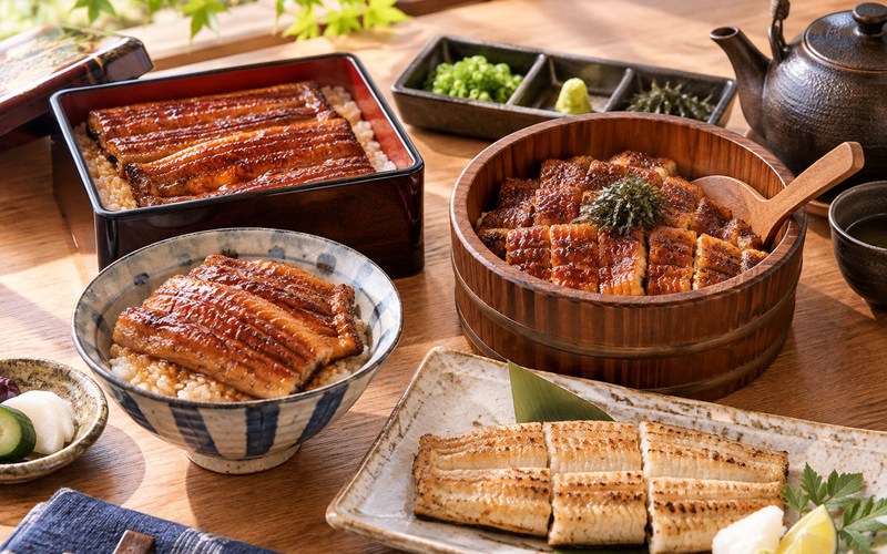 うな重、うな丼、ひつまぶし、白焼を並べた料理イメージ