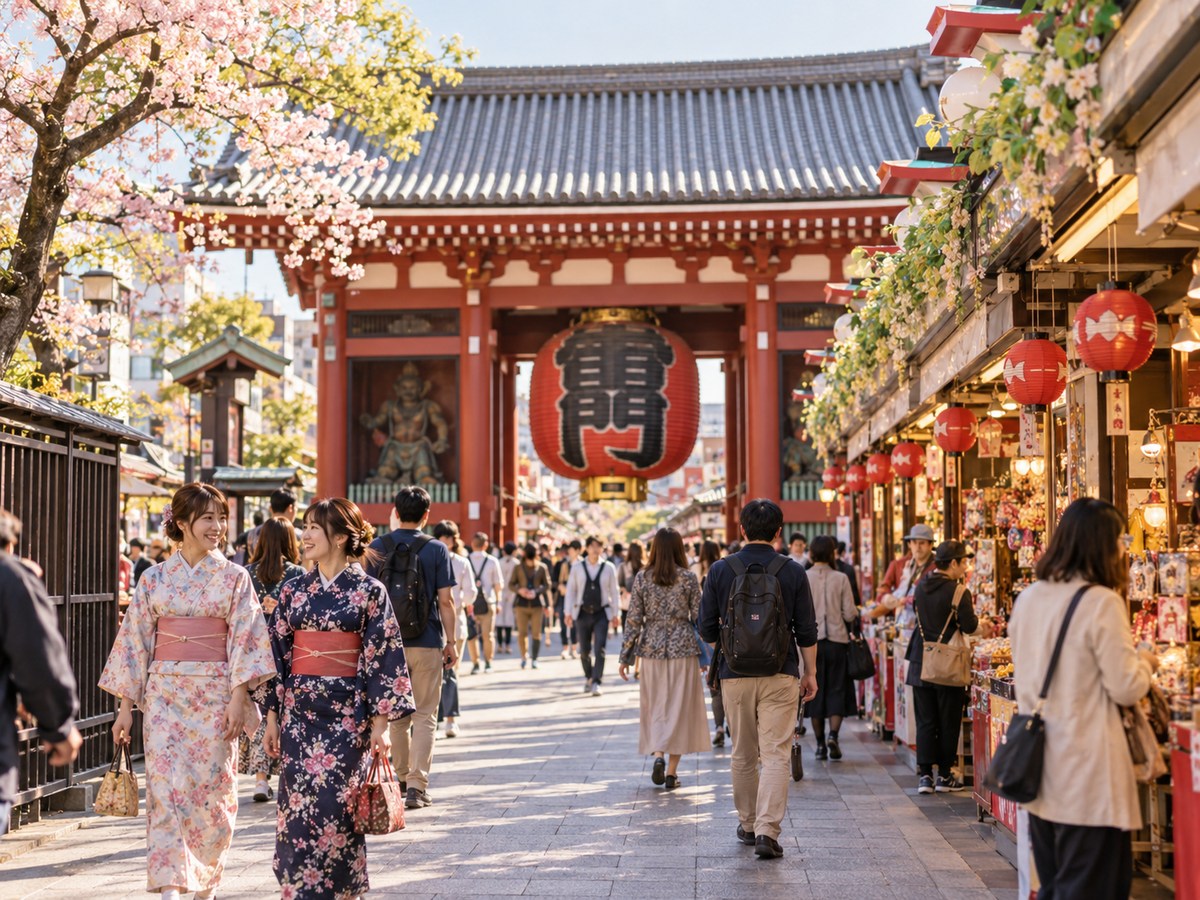 赤い門や商店のある通りを歩く人々の街歩きイメージ