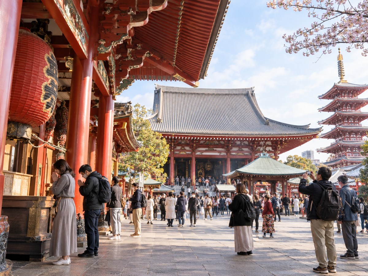朱色の寺院建築と参拝者を描いた境内のイメージ