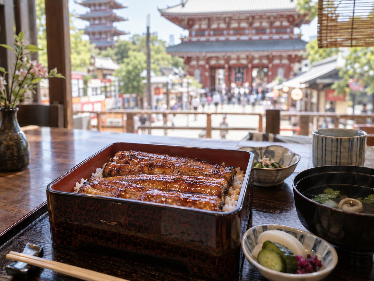 うな重と寺院風の街並みを組み合わせた料理イメージ