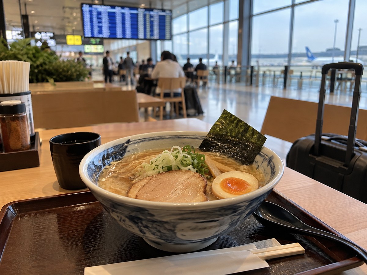 飛行機が見える空港風の空間とラーメンを組み合わせたイメージ