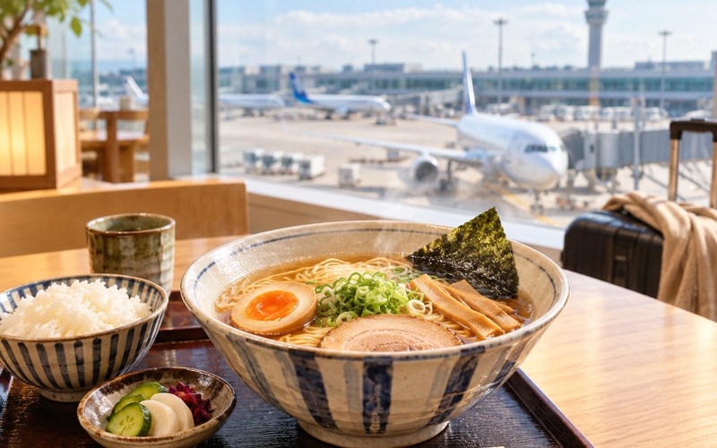 空港風の窓辺とラーメンを合わせた到着日の食事イメージ