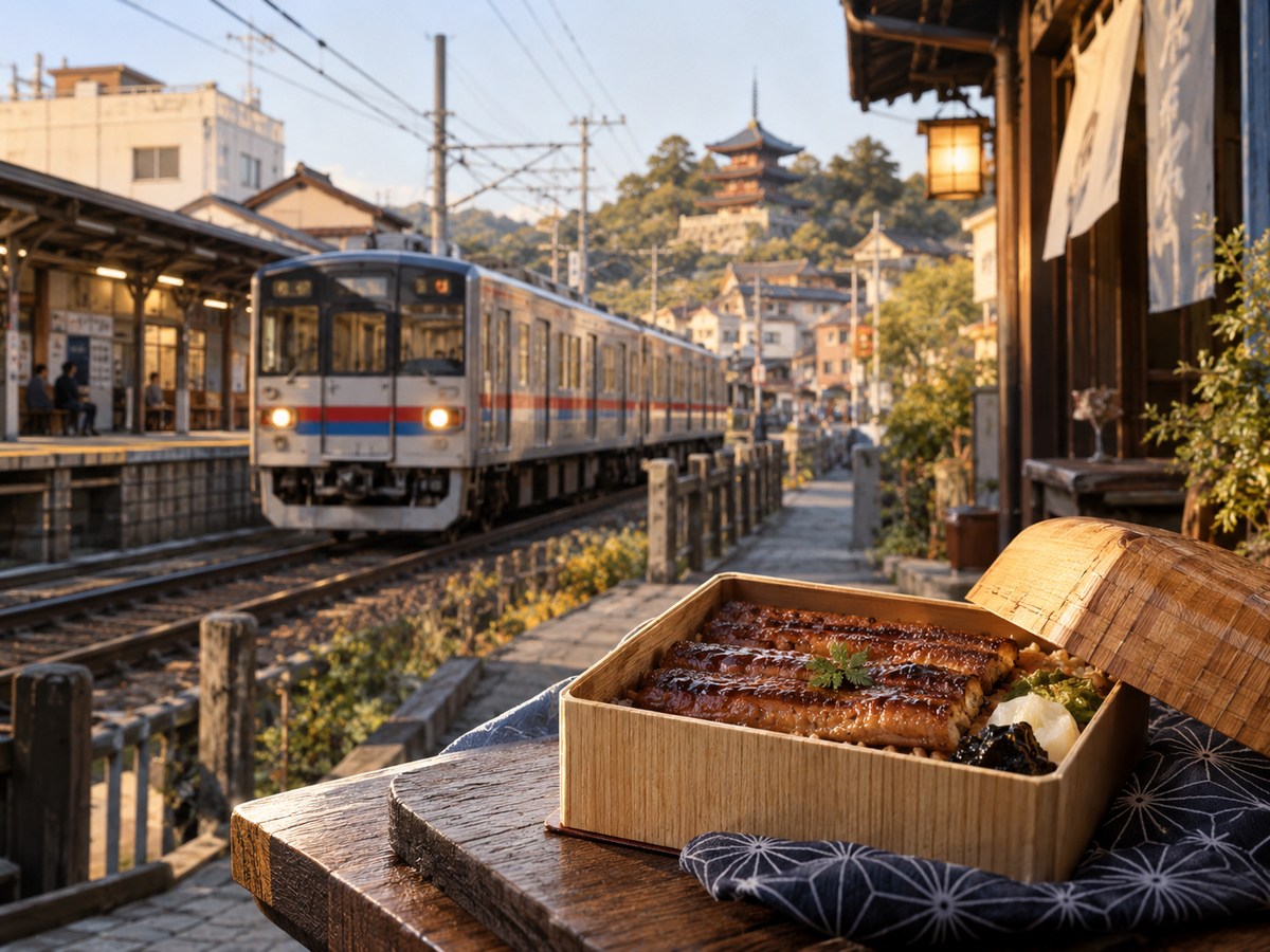 ローカル列車とうなぎ弁当を組み合わせた旅のイメージ