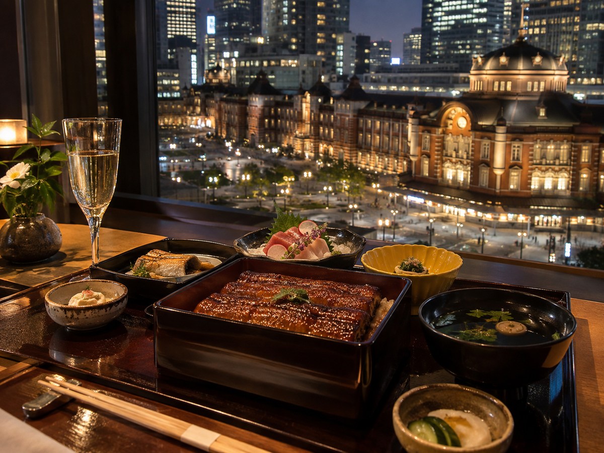 駅舎風の夜景と和食の膳を組み合わせたイメージ