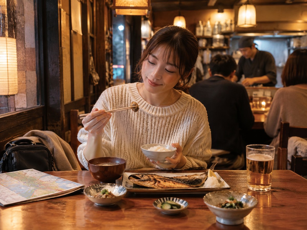 温かな照明の飲食店で焼き魚とご飯を食べる人のイメージ