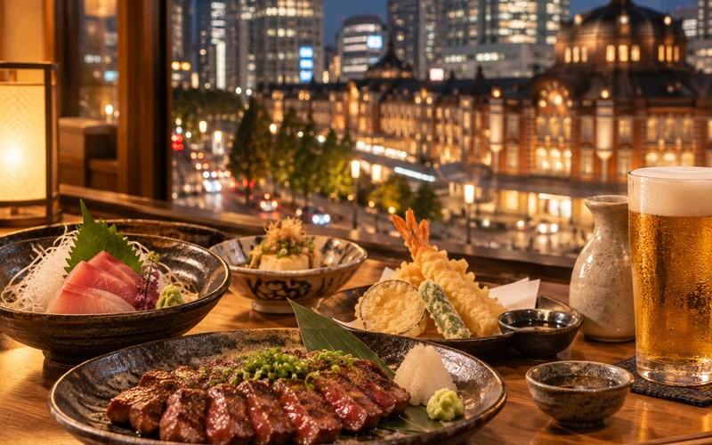 駅舎風の夜景とさまざまな料理を並べた夕食イメージ