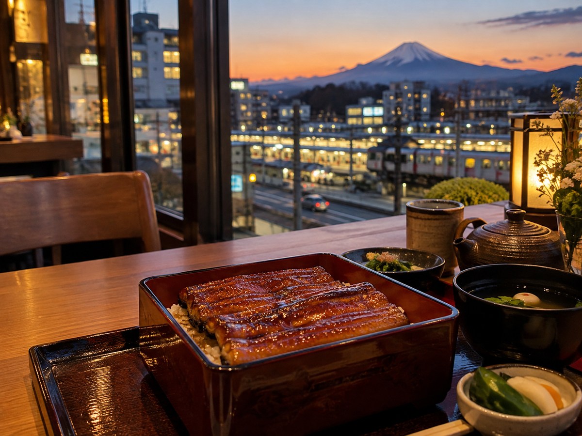夕暮れの山並みと駅風の風景にうな重を合わせたイメージ