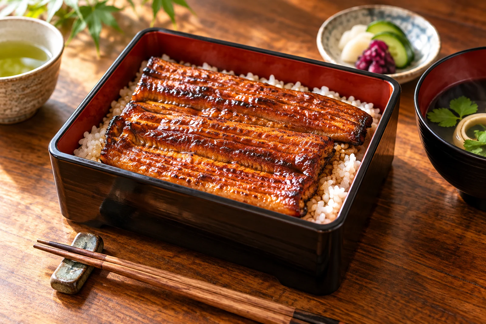 黒い重箱のご飯に、艶のあるうなぎの蒲焼を載せた料理イメージ